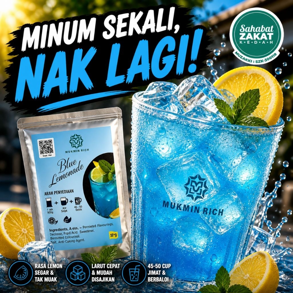 Serbuk Blue Lemonade 200g Mukmin Rich | 45-50 Cawan Air Balang Viral | Minuman Biru Premium Kafe | Produk Muslim